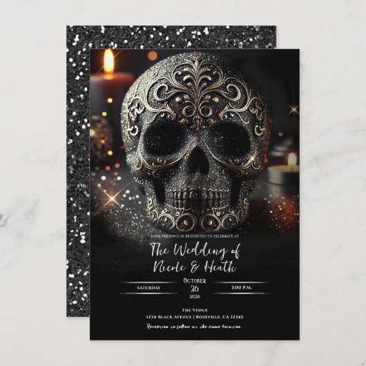 Black Glitter Glam Sparkle Skull Gothic Wedding Kaart (Voorkant / Achterkant)