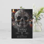 Black Glitter Glam Sparkle Skull Gothic Wedding Kaart (Staand voorkant)