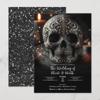 Black Glitter Glam Sparkle Skull Gothic Wedding