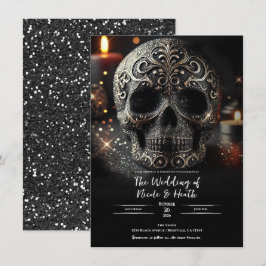 Black Glitter Glam Sparkle Skull Gothic Wedding Kaart