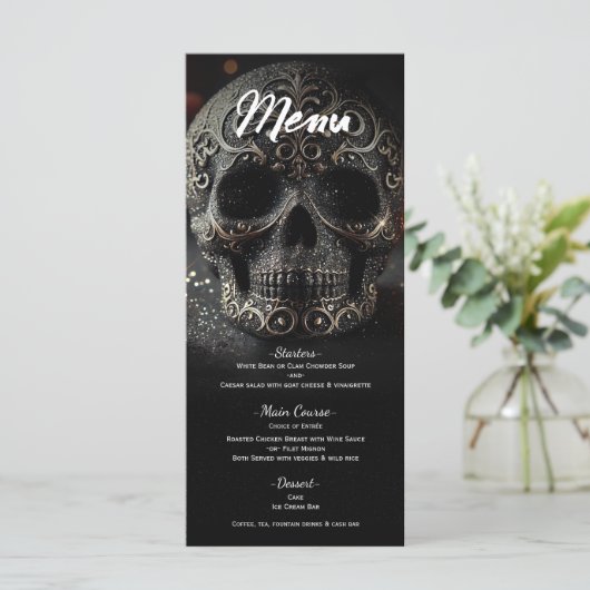Black Glitter Glam Sparkle Skull Wedding Menu (Staand voorkant)
