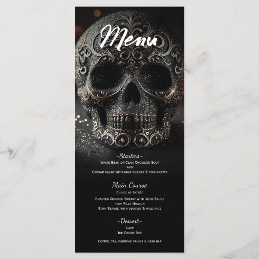 Black Glitter Glam Sparkle Skull Wedding Menu (Voorkant)
