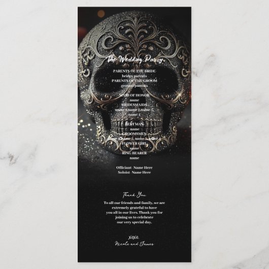 Black Glitter Glam Sparkle Skull Wedding Program Programmakaart (Achterkant)