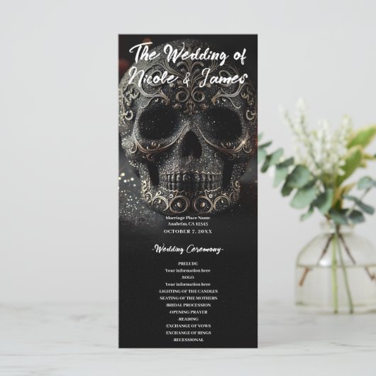 Black Glitter Glam Sparkle Skull Wedding Program Programmakaart (Staand voorkant)