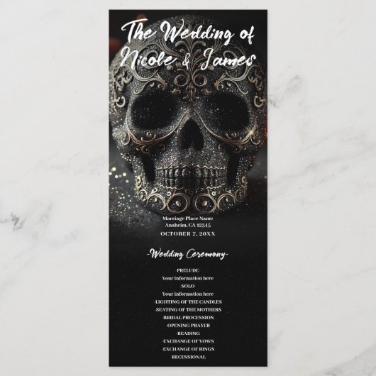 Black Glitter Glam Sparkle Skull Wedding Program Programmakaart (Voorkant)
