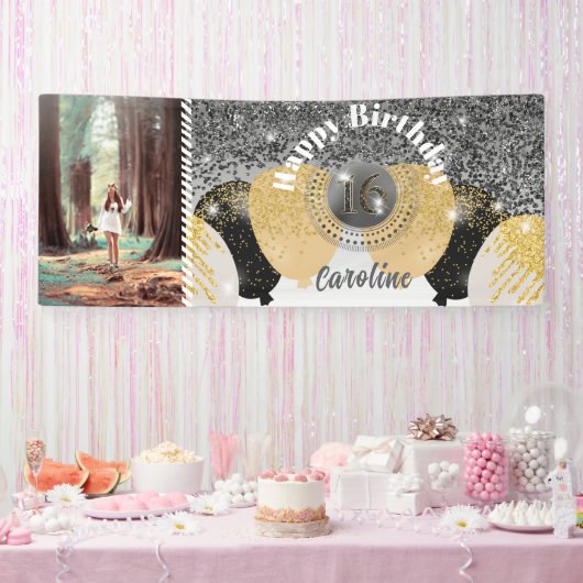 Black Glitter & Glitter Ballonnen Sweet 16 Verjaar Spandoek (Feest)