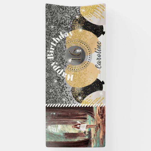 Black Glitter & Glitter Ballonnen Sweet 16 Verjaar Spandoek (Verticaal)