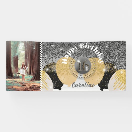 Black Glitter & Glitter Ballonnen Sweet 16 Verjaar Spandoek