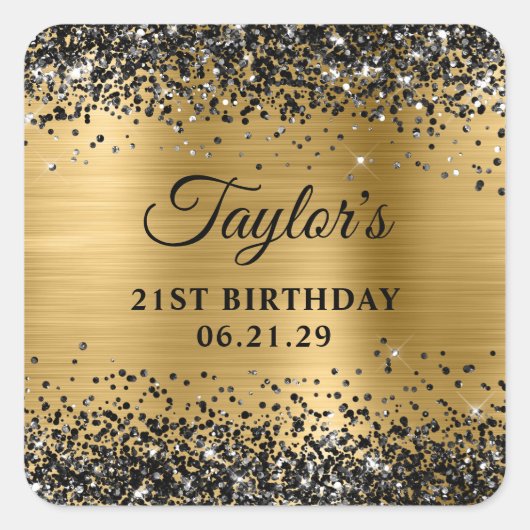 Black Glitter Gold Foil 21st Birthday Vierkante Sticker (Voorkant)