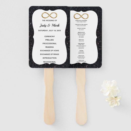 Black Glitter Gold Infinity Wedding Program Fans Handwaaier (Voorkant en achterkant)