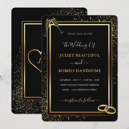 Black Glitter Gold Wedding Invitation voorbeeld (Voorkant / Achterkant)