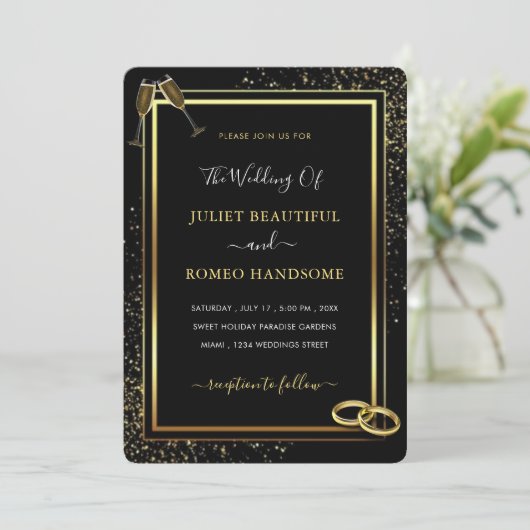 Black Glitter Gold Wedding Invitation voorbeeld (Staand voorkant)