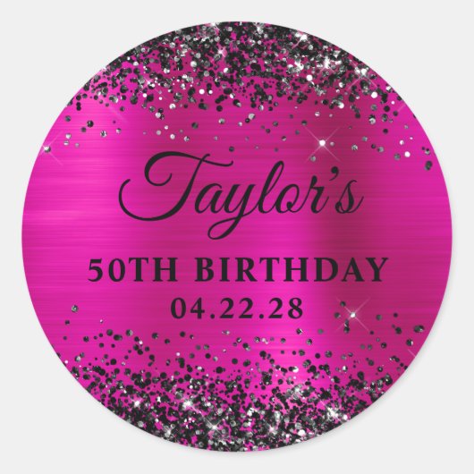 Black Glitter Hot Pink Foil 50th Birthday Ronde Sticker (Voorkant)