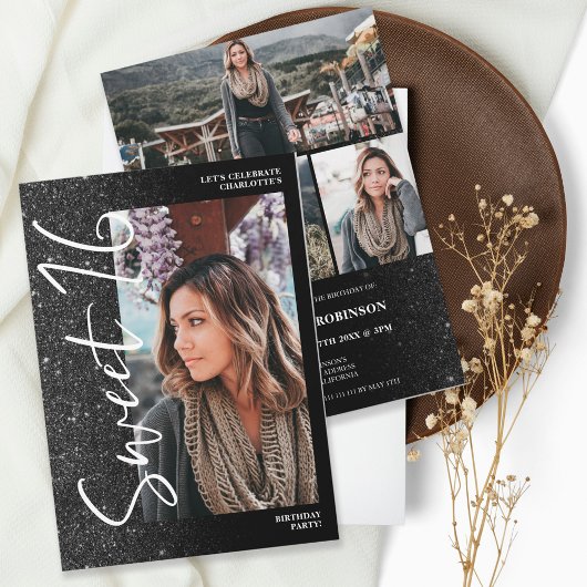 Black glitter ombre script 4 foto's Sweet 16 Kaart