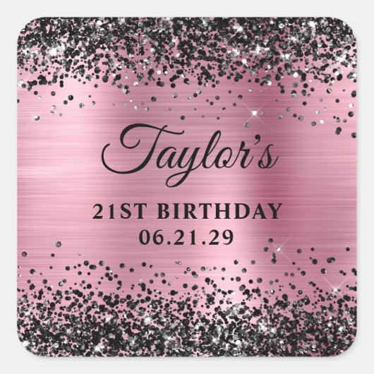 Black Glitter Pink Foil 21st Birthday Vierkante Sticker (Voorkant)