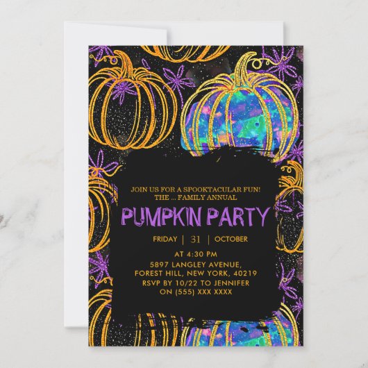 Black | Glitter Pumpkin Halloween Kaart (Voorkant)