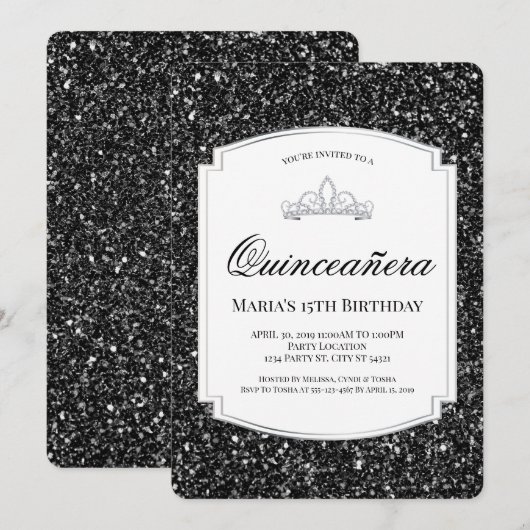 Black Glitter Quinceañera-uitnodigingen Kaart (Voorkant / Achterkant)