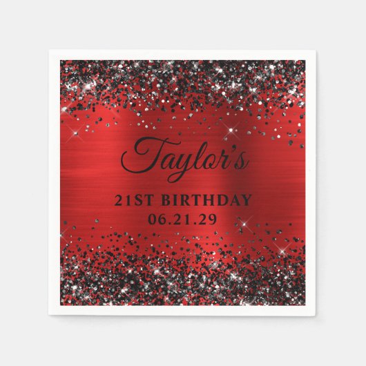 Black Glitter Red Foil 21st Birthday Servet (Voorkant)