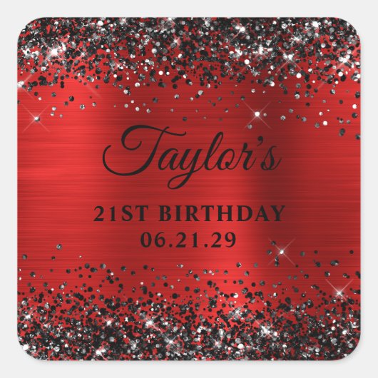 Black Glitter Red Foil 21st Birthday Vierkante Sticker (Voorkant)