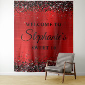 Black Glitter Rode Folie Welkom bij Sweet 16 Wandkleed (In situ)