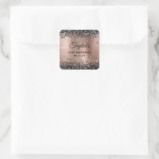 Black Glitter Rose Gold Foil 21st Birthday Vierkante Sticker (Tas)