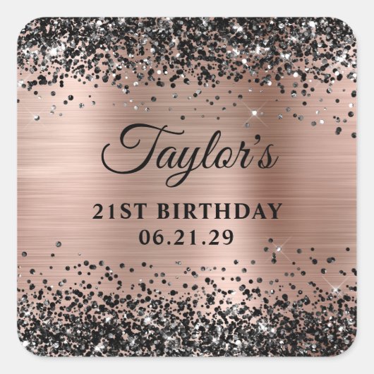 Black Glitter Rose Gold Foil 21st Birthday Vierkante Sticker (Voorkant)