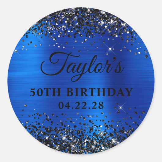 Black Glitter Royal Blue Foil 50th Birthday Ronde Sticker (Voorkant)