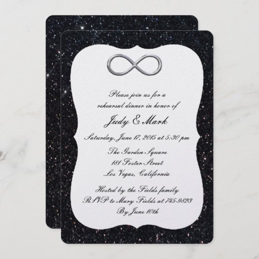 Black Glitter Silver Infinity Rehearsal Dinner Kaart (Voorkant / Achterkant)