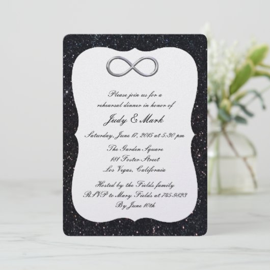 Black Glitter Silver Infinity Rehearsal Dinner Kaart (Staand voorkant)
