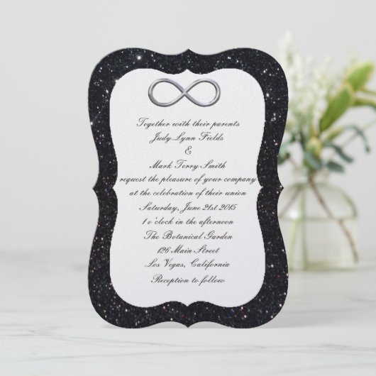 Black Glitter Silver Infinity Wedding Invitation Kaart (Staand voorkant)