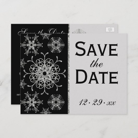 Black Glitter Snowflakes Save the Date Briefkaart (Voorkant / Achterkant)