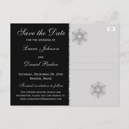 Black Glitter Snowflakes Save the Date Briefkaart (Achterkant)