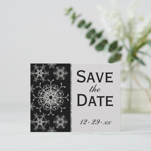 Black Glitter Snowflakes Save the Date Briefkaart (Staand voorkant)