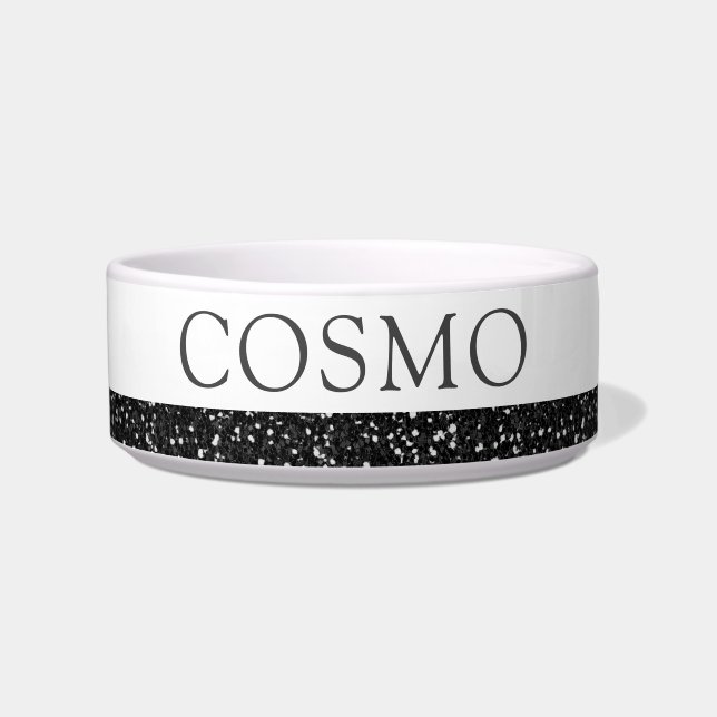 Black Glitter Sparkle Pet Name Bowl Voerbakje (Voorkant)
