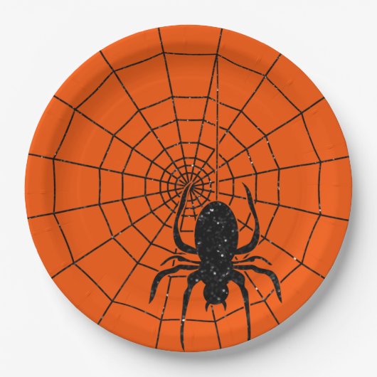 Black Glitter Spiderweb Halloween Papieren Bordje (Voorkant)