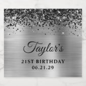 Black Glitter Top Border Silver Foil 21st Birthday Sparkling Wijnetiket (Enkel label)