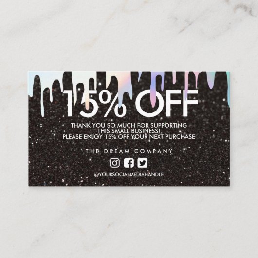 Black Glitter Trendy Discount Holo Drip Bedankt Visitekaartje (Voorkant)
