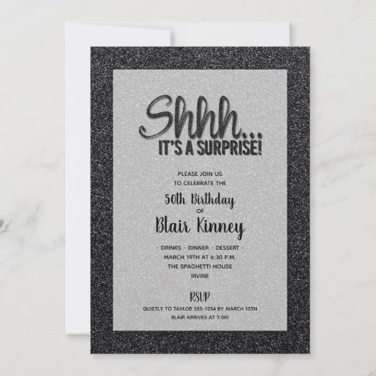 Black Glitter VERRASSING Verjaardag Kaart (Voorkant)