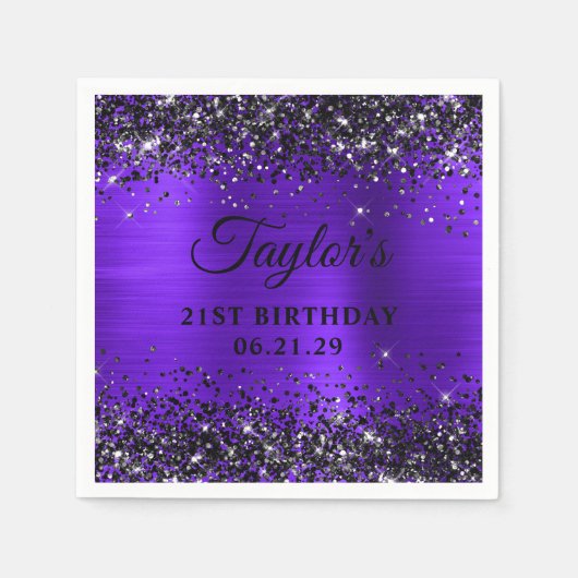 Black Glitter Violet Foil 21st Birthday Servet (Voorkant)