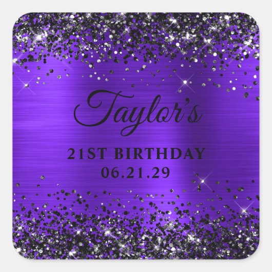 Black Glitter Violet Foil 21st Birthday Vierkante Sticker (Voorkant)