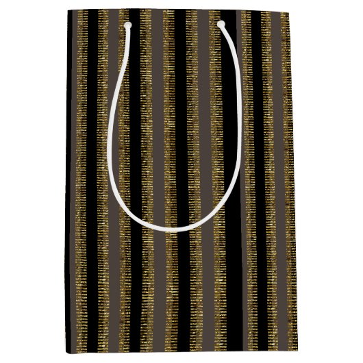 Black Glittery Gold Vertical Stripes  Medium Cadeauzakje (Voorkant)