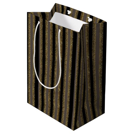 Black Glittery Gold Vertical Stripes Medium Cadeauzakje (Achterkant Gekanteld)