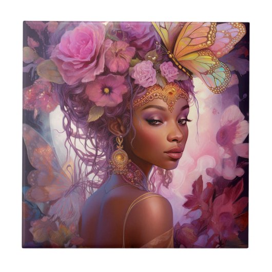 Black Goddess Pink Paars Fantasy Art Tegeltje (Voorkant)