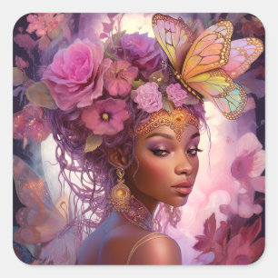 Black Goddess Pink Paars Fantasy Art Vierkante Sticker