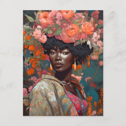 Black Goddess Queen Flowers Fantasy Art Briefkaart (Voorkant)
