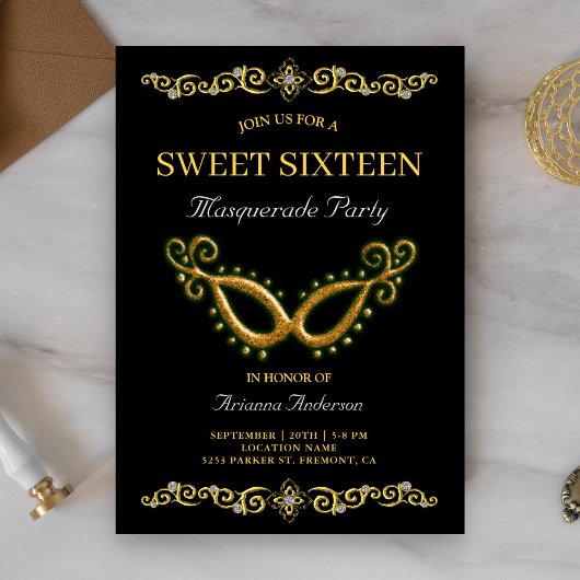 Black Gold 16th Birthday Masquerade Sweet Sixteen Kaart