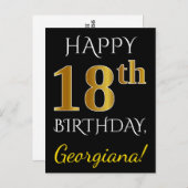 Black, Gold 18th Birthday + Custom Name Briefkaart (Voorkant / Achterkant)