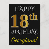 Black, Gold 18th Birthday + Custom Name Briefkaart (Voorkant)