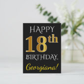 Black, Gold 18th Birthday + Custom Name Briefkaart (Staand voorkant)