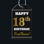 Black, Gold 18th Birthday   Custom Name Cadeaulabel<br><div class="desc">Dit verjaardagscadeau label ontwerp bevat een bericht zoals "HAPPY 18th BIRTHDAY, FirstName!", waar de naam kan worden aangepast en waar het nummer "18th" een faux / imitatie goud-achtige kleurenuiterlijk heeft. De voorkant heeft ook een zwarte achtergrond. Op de achterkant staat een "Van:"-regel. Labels als deze kunnen misschien gebruikt worden voor...</div>
